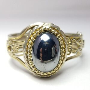 Vintage Large Gold Tone Bangle with Oval Cabochon Center, Hinged Bracelet Estate